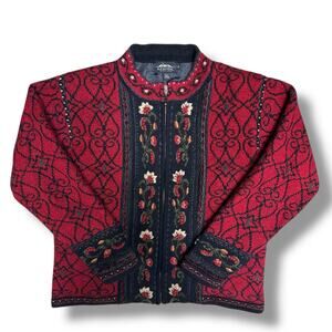 VTG Icelandic Design Wool Sweater Jacket Birdseye Blue Floral Lined Cabincore M